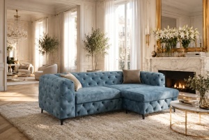 CANAPEA ELEGANTA CHESTERFIELD 235CM, DIN LEMN SI TEXTIL CATIFEA, CULOARE ALBASTRU, INVICTA INTERIOR - Img 6