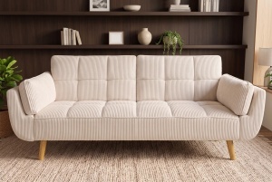 CANAPEA EXTENSIBILA BOUTIQUE 215CM, 3 LOCURI, REALIZAT DIN LEMN SI CATIFEA RAIAT, CULOARE BEJ - Img 3