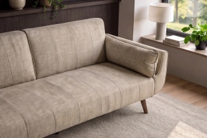 CANAPEA EXTENSIBILA DIVANI 220CM, 3 LOCURI, REALIZAT DIN LEMN SI TEXTIL CATIFEA, CULOARE BEJ - Img 7
