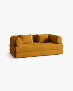 CANAPEA EXTENSIBILA DREAMY, CU 3 LOCURI, GALBEN, 206X95 CM, TAPITAT CU TAPITERIE DIN TEXTIL CATIFEA SALVADOR, MICADONI - Img 3