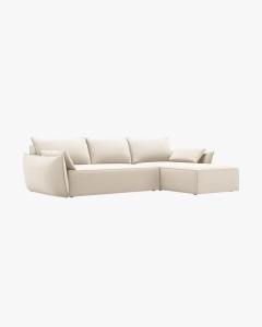 COLTAR EXTENSIBIL KAELLE, 252 CM, PE STANGA, BEJ DESCHIS, CU TAPITERIE DIN TEXTIL CATIFEA BLUVEL, MICADONI - Img 3