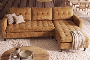 COLTAR MODERN STOCKHOLM 220CM, 3 LOCURI, CU SEZLONG, REALIZAT DIN TEXTIL FOARTE FIN- CATIFEA, CULOARE GALBEN MUSTAR - Img 11