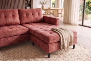 COLTAR MODERN STOCKHOLM 220CM, 3 LOCURI, CU SEZLONG, REALIZAT DIN TEXTIL FOARTE FIN- CATIFEA, CULOARE ROZ ANTICHIZAT - Img 10