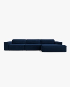 COLTAR PE DREAPTA JODIE, CU 4 LOCURI, 284X162 CM, ADANCIME SCAUN 62 CM, ALBASTRU ROOYAL, TAPITAT CU TAPITERIE DIN TEXTIL CATIFEA BLUVEL, MICADONI