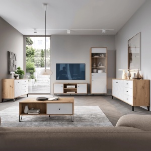 COMODA LIVING 183CM, ARTIM MEBLE, CU 2 USI SI 3 SERTARE, REALIZAT DIN MDF SI METAL, CULOARE ALB/STEJAR, STIL MODERN - Img 8