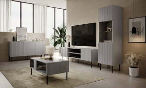 COMODA LIVING ASENSIO KM-1, 150X81 CM, GRI DESCHIS/NEGRU, MDF LAMINAT, PAL SI METAL, STIL MODERN - Img 4