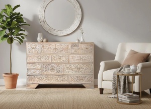 COMODA LIVING INDIRA 115CM, REALIZATA DIN LEMN DE MANGO, CULOARE NATUR/ALB ANTICHIZAT, GINER Y COLOMER - Img 2