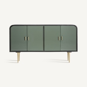 COMODA LIVING ROBERTIE 152CM, REALIZATA DIN LEMN DE MANGO SI MDF, CULOARE VERDE LUCIOS/NEGRU/AURIU, REALIZATA MANUAL