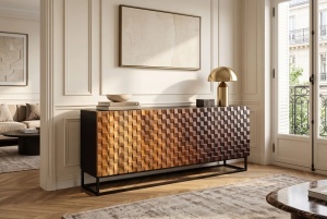 COMODA LIVING SHADES 180CM, REALIZAT DIN METAL SI LEMN DE MANGO 3D, DE CULOARE MULTICOLOR/NEGRU