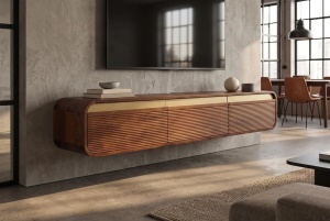 COMODA LIVING TV 160CM, REALIZATA DIN LEMN DE MANGO, DETALII AURII, CULOARE MARO/AURIU