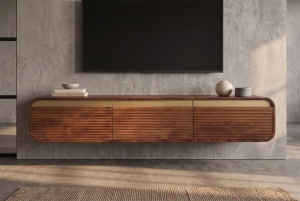 COMODA LIVING TV 160CM, REALIZATA DIN LEMN DE MANGO, DETALII AURII, CULOARE MARO/AURIU - Img 11