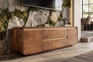 COMODA LIVING TV 160CM, REALIZATA DIN LEMN DE MANGO, DETALII AURII, CULOARE MARO/AURIU - Img 7