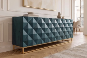 COMODA LIVING VULCANO 180CM, REALIZAT DIN METAL SI LEMN DE MANGO 3D, DE CULOARE TURCOAZ/AURIU