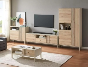 COMODA RTV FROST K2, STEJAR ALPIN/ALB ANTICHIZAT, DIN PAL LAMINAT SI METAL, STIL MODERN