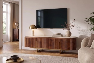 COMODA TV GATSBY 160CM, STIL RETRO, REALIZATA DIN LEMN MASIV DE MANGO SI TRAVERTIN, CULOARE MARO/AURIU, INVICTA INTERIOR - Img 7