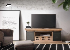 COMODA TV INDUSTRIAL 150CM, REALIZATA DIN LEMN DE MANGO SI METAL, CULOARE NATUR/GRI, GINER Y COLOMER - Img 2