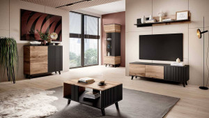 COMODA TV RANDOM RTV-1, 150X47 CM, STEJAR WOTAN/NEGRU, DIN MDF FURNIRUIT, POLIPROPILENA SI METAL, STIL MODERN - Img 4