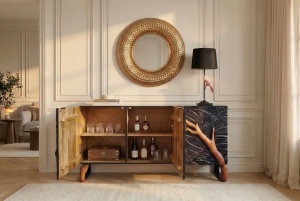 DULAP/BUFET LIVING, FOREST 160CM, REALIZAT DIN LEMN DE MANGO 3D SI METAL, CULOARE NEGRU/MARO, ARTIM GROUP SELECTION - Img 2