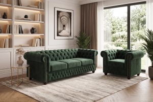 FOTOLIU CHESTERFIELD, REALIZAT DIN LEMN SI TEXTIL CATIFEA, CULOARE VERDE SMARALD, STIL CLASIC - Img 8