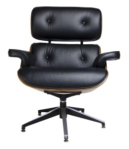 FOTOLIU CU TABURET LOUNGE, PIELE NATURALA ITALIANA SI LEMN, CULOARE NEGRU/NUC, STIL EAMES - Img 2