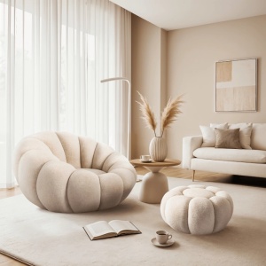 FOTOLIU ROTATIV CU POUF, ARTIM MEBLE, REALIZAT DIN MATERIAL TEXTIL BOUCLE BEJ, STIL MODERN