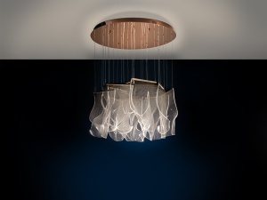 LUSTRA SCHULLER VELOS, CU TELECOMANDA, 80/270 CM, AURIU ROSE/TRANSPARENT, DIN METAL SI METACRILAT MICROIMPRIMAT, STIL MODERN