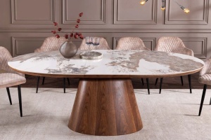 Masă de dining UNIQUE, extensibilă de la 160 la 200 cm, aspect lemn de nuc, blat ceramic cu aspect de piatră naturală