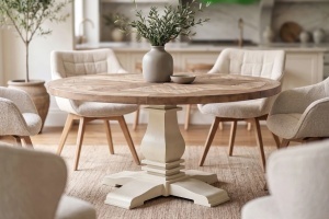 MASA DE SUFRAGERIE ROTUNDA HAMPTONS, 120CM, REALIZATA DIN LEMN DE PIN CONCORD, CULOARE MARO DESCHIS/CREM - Img 5