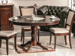 MASA DINING EXTENSIBILA, 90/125 CM, NUC INCHIS, BLAT DIN MDF SI PICIOARE DIN LEMN, STIL CLASIC