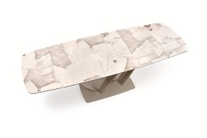 MASA DINING EXTENSIBILA BENJAMIN 160/240 CM, CULOARE BEJ/ CASMIR, BLAT DIN STICLA, CERAMICA SI PICIOARE DIN METAL, STIL MODERN - Img 7