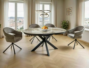 MASA DINING EXTENSIBILA CERAMIC, 120/160 CM, ALB LUCIOS/NEGRU MAT, CONFECTIONATA DN METAL, CERAMICA SI STICLA SECURIZATA