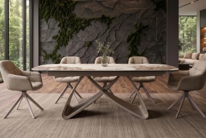 MASA DINING EXTENSIBILA INFINITY 180-220-260CM, REALIZATA DIN METAL SI BLAT DIN STICLA SI CERAMICA, CULOARE MARMURA/SAMPANIE - Img 10