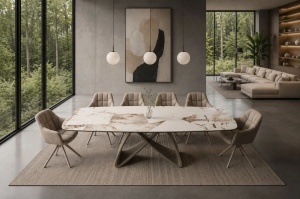 MASA DINING EXTENSIBILA INFINITY 180-220-260CM, REALIZATA DIN METAL SI BLAT DIN STICLA SI CERAMICA ITALIANA, CULOARE MARO-ALB/SAMPANIE - Img 8