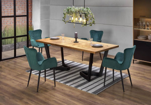 MASA DINING EXTENSIBILA MASSIVE, STEJAR/NEGRU, 160/250 CM, BLAT DIN FURNIR NATURAL SI PICIOARE DIN METAL, STIL VINTAGE