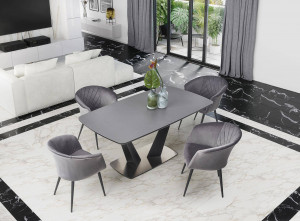 MASA DINING EXTENSIBILA STIL FANGOR, GRI INCHIS/NEGRU, 160/220 CM, DIN STICLA, MDF SI METAL, STIL MODERN - Img 3