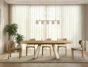 MASA EXTENSIBILA, CANON 200/240CM, STEJAR/CREM, BLAT DIN MDF/FURNIR NATURAL SI METAL, STIL MODERN - Img 5