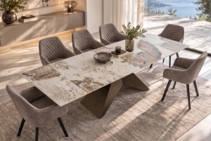 MASA EXTENSIBILA DINING DIAMOND 180/220/260CM, REALIZATA DIN METAL SI CERAMICA PANDORA, CU ASPECT DE MARMURA ALB/MARO SI CULOARE BRONZ - Img 9