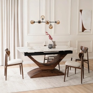 MASA EXTENSIBILA DOLCE, ARTIM MEBLE 160/200CM, BLAT DIN CERAMICA SI FURNIR, CULOARE MARMURA ALBA/NUC, STIL MODERN - Img 2