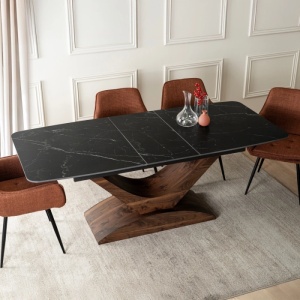 MASA EXTENSIBILA DOLCE, ARTIM MEBLE 160/200CM, BLAT DIN CERAMICA SI FURNIR, CULOARE MARMURA NEAGRA/NUC, STIL MODERN - Img 4
