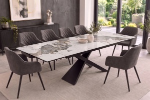 MASA EXTENSIBILA EUPHORIA 180-260CM, REALIZATA DIN METAL SI BLAT STICLA SI CERAMICA, DE CULOARE MARMURA ALB GRI