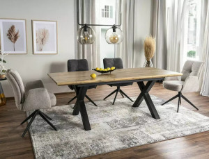 MASA EXTENSIBILA XAVIERO II, 160/240 CM, STEJAR ARTISAN/NEGRU, BLAT DIN MDF SI PICIOARE DIN METAL, STIL MODERN