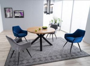 MASA LIVING/DINING, 120 CM, STEJAR/NEGRU MAT, BLAT DIN FURNIR NATURAL SI PICIOARE DIN METAL, STIL MODERN