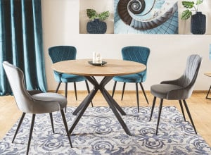 MASA LIVING/DINING 120 CM, STEJAR/NEGRU MAT, BLAT DIN MDF, FURNIR NATURAL SI PICIOARE DIN METAL, STIL MODERN