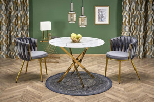 MASA LIVING RAYMOND 2, EFECT DE MARMURA ALBA/AURIU, 100 CM, BLAT DIN STICLA SI PICIOARE DIN METAL, STIL MODERN