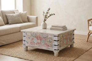 MASUTA CAFEA OLYMPIA 90CM, REALIZATA DIN LEMN DE MANGO, CULOARE ALB ANTICHIZAT/MULTICOLOR, GINER Y COLOMER - Img 2
