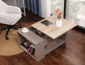 MASUTA DE CAFEA EXTENSIBILA, DROP, STEJAR/BEJ, DIN PAL LAMINAT SI METAL, STIL MODERN