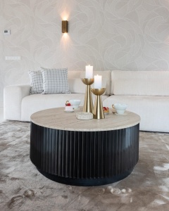 MASUTA DE CAFEA HAMPTON 211589, CONFECTIONATA DIN METAL, MDF SI TRAVERTIN, CULOAREA BEJ/MARO, STIL MODERN