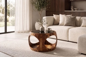 MASUTA DE CAFEA ORGANIC LOOP 60CM, REALIZATA DIN LEMN DE TRANDAFIR SI STICLA, DE CULOARE MARO, ARTIM GROUP SELECTION - Img 7