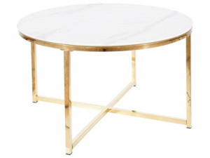 MASUTA DE CAFEA SALMA, 80 CM, EFECT DE MARMURA ALBA/AURIU, BLAT DIN STICLA SECURIZATA SI CADRU DIN METAL, STIL MODERN