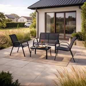 OFERTA 2026!!! SET MOBILIER DE GRADINA/TERASA, MINNESOTA, ARTIM MEBLE, DIN METAL, TECHNORATAN SI STICLA, CULOARE NEAGRA